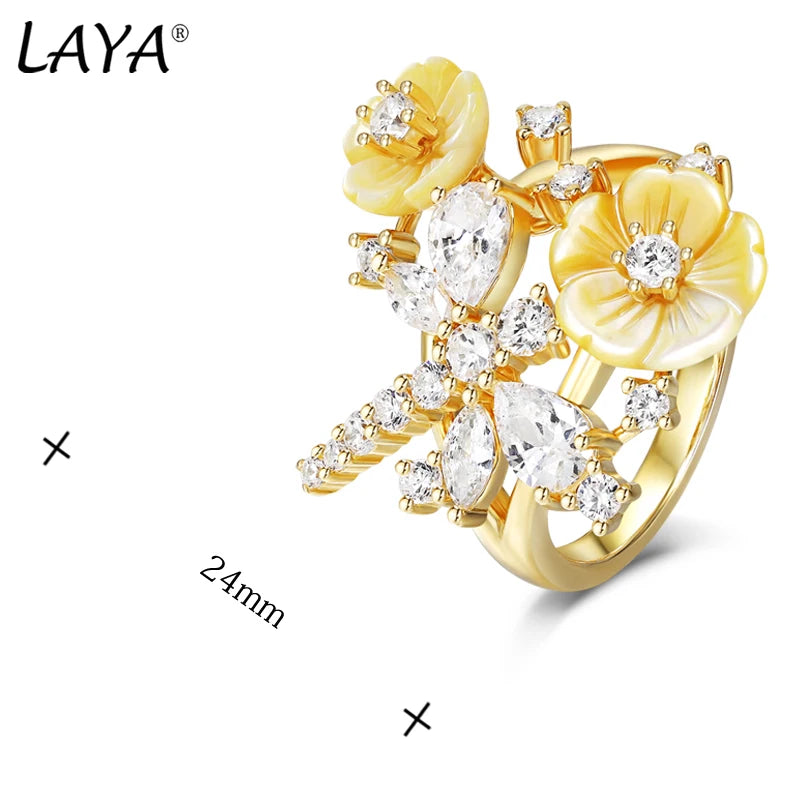 Laya 925 Sterling Silver Summer Hot Style High Quality Zircon Natural Shell Flower Dragonfly Ring For Women Luxury Jewelry