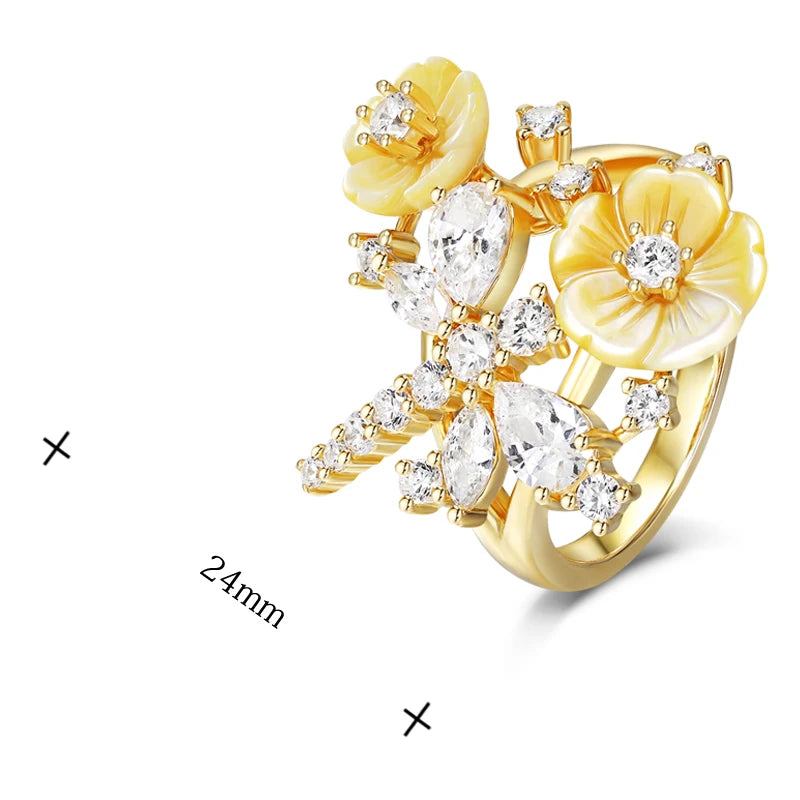 Laya 925 Sterling Silver Summer Hot Style High Quality Zircon Natural Shell Flower Dragonfly Ring For Women Luxury Jewelry