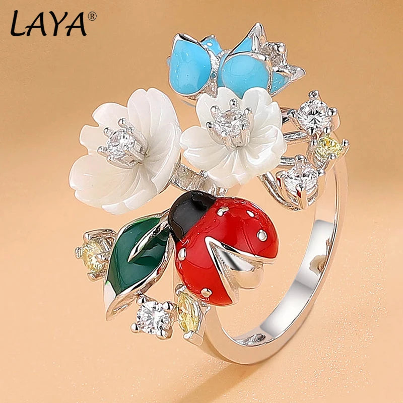 Laya 925 Sterling Silver Fashion Natural Shell Flower Green Leaf Enamel Animal High Quality Zircon Ring For Women Jewelry
