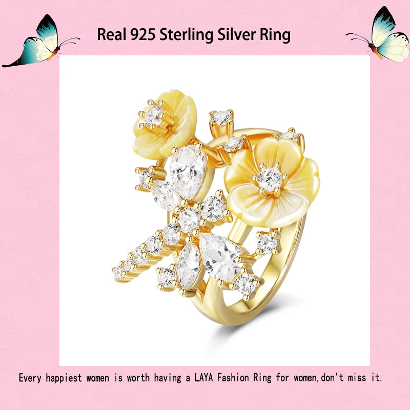 Laya 925 Sterling Silver Summer Hot Style High Quality Zircon Natural Shell Flower Dragonfly Ring For Women Luxury Jewelry