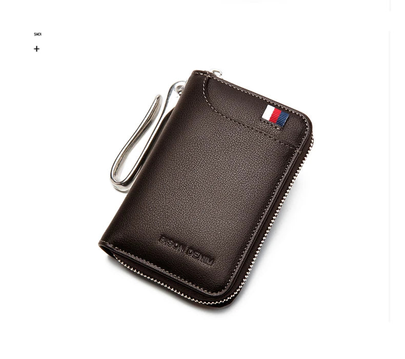 BISON DENIM Genuine Leather Key Wallet Male Card Keychain Cover Zipper Card Holder Wallet Key Organizer Large Capacity N9462