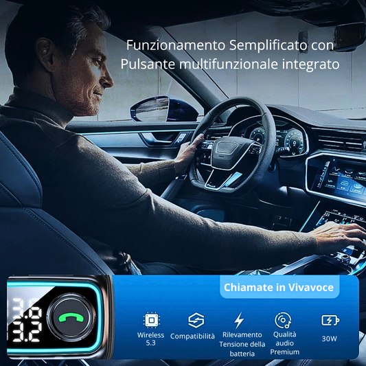 Caricabatterie Bluetooth 5.3 per Auto 30W con FM, MP3 e Vivavoce
