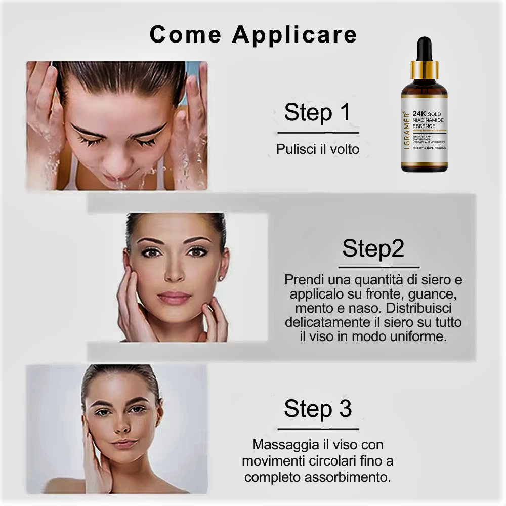 Siero Viso 24K Gold con Nicotinamide e Acido Ialuronico Azione Illuminante e Anti-age