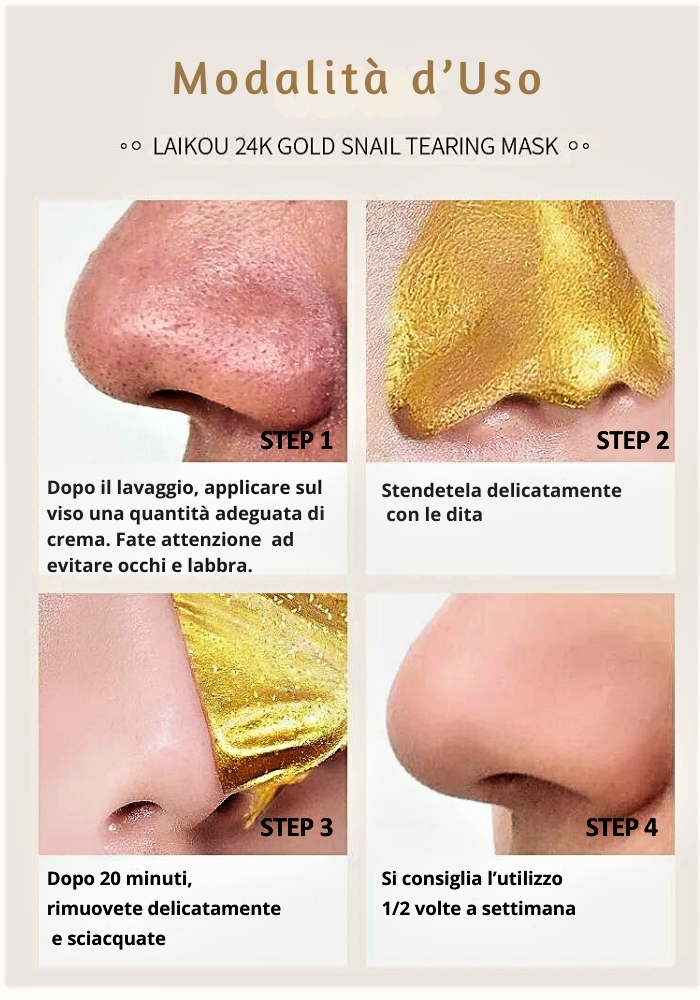 Maschera al Collagene, Oro 24K, Bava di Lumaca e Radice di Ginseng