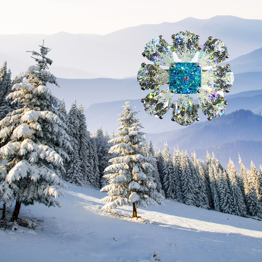 Fascia a Fiore con Moissanite Color Acquamarina Taglio Radiant e Diamanti Taglio Goccia