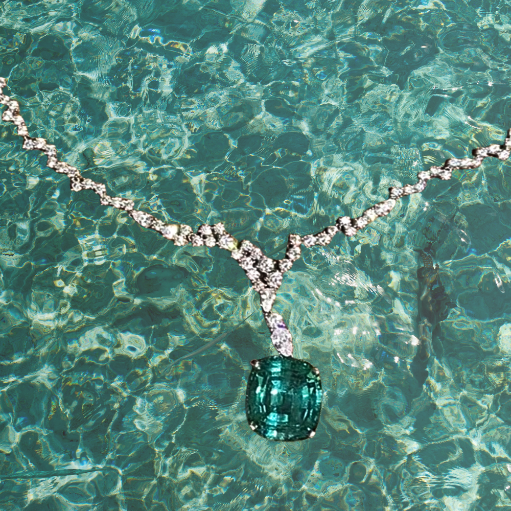 Collana con Tormalina Paraiba Lab Grown Taglio Cuscino e Diamanti Sintetici ad Alto Contenuto di Carbonio