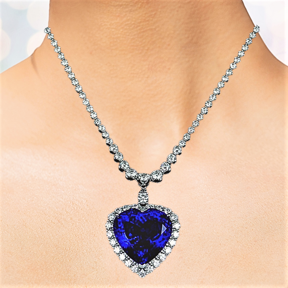 Collana Tennis con Zaffiro Taglio Cuore di 48 ct e Brillanti Coltivati