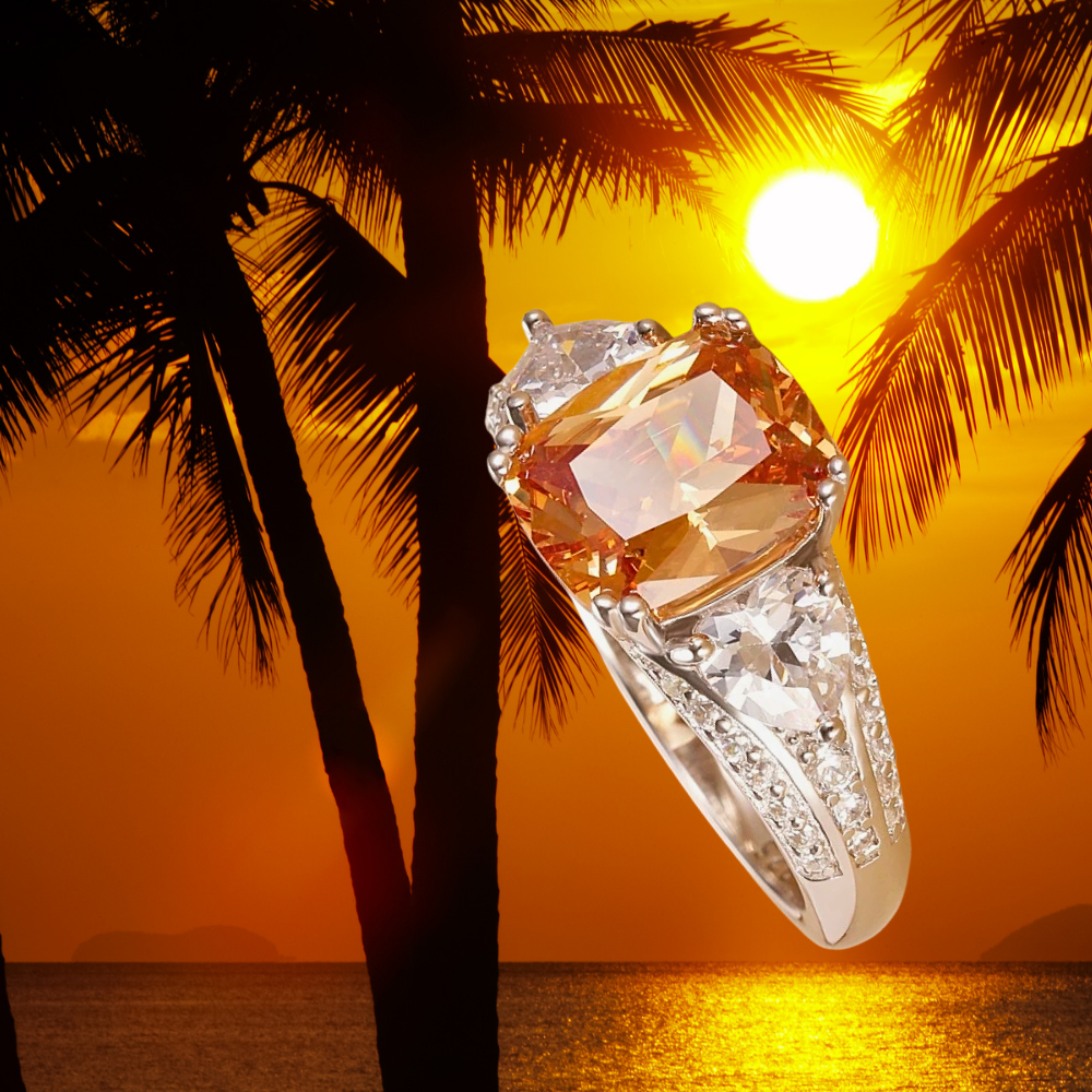 Anello con Zaffiro Champagne di ct 5,00 e Diamanti Sintetici ad Alto Contenuto di Carbonio