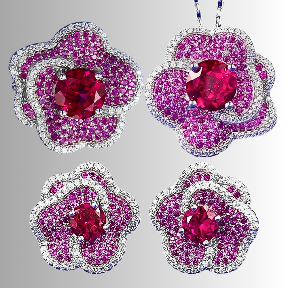 Orecchini Floreali con Rubino Lab Grown e Petali Multistrato di Zaffiri Rosa