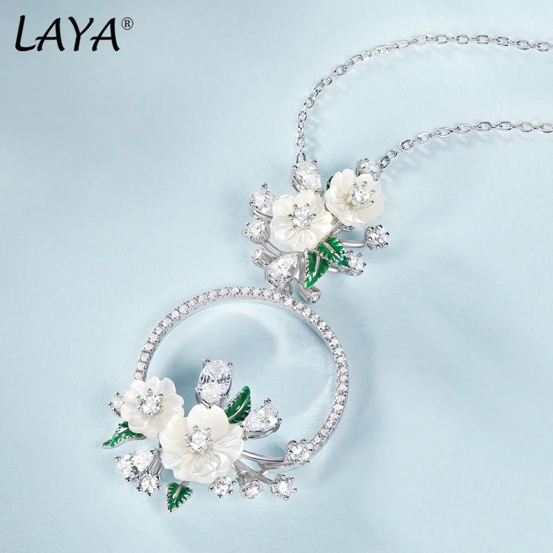 LAYA 925 Sterling Silver Fashion Natural Shell Flower Green Leaf Enamel High Quality Zircon Necklace For Women Wedding Jewelry