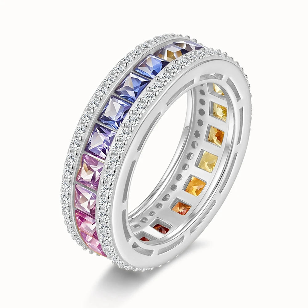 Wong Rain Luxury 925 Sterling Silver Lab Sapphire High Carbon Diamond Colorful Row Rings for Women Fine Jewelry Wedding Band