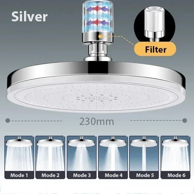 New 6 Modes Big Panel Large Flow Supercharge Rainfall Shower Head High Pressure Top Rain Shower Faucet Bathroom Accessories