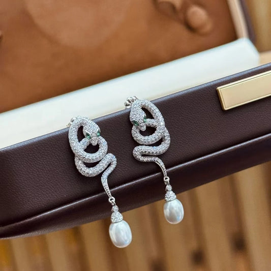 Original 925 Silver High-carbon Diamond Natural Pearl Snake Ear Drop Dangles Silver Boa Lab-grown Diamond Earring Fine Jewelry
