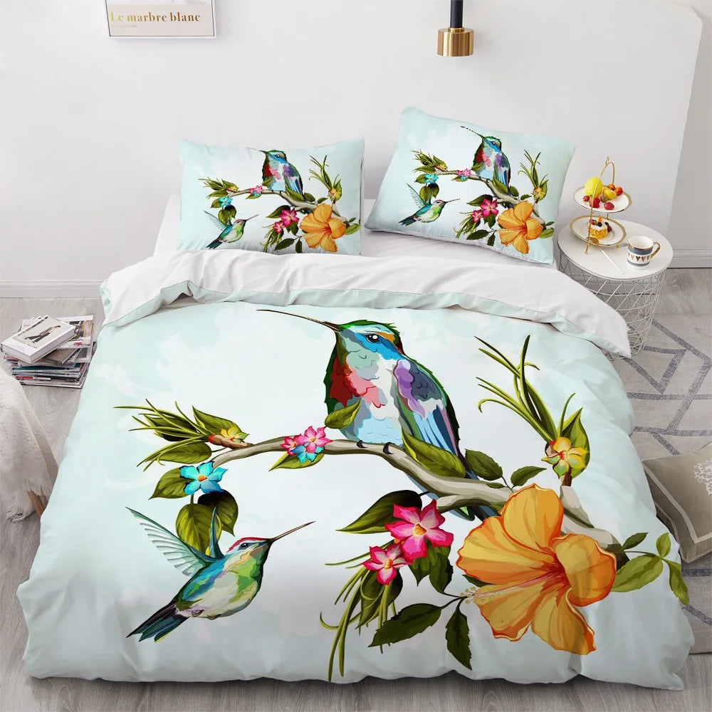 Flower Bird King Queen Duvet Cover Colorful Tropical Floral Bedding Set For Women Watercolor Plant 2/3pcs Polyester Quilt Cover