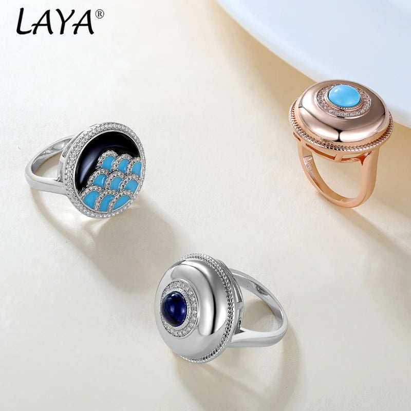 LAYA 925 Sterling Silver Ring Blue Decoration Finger Rings High Quality Zircon Handmade Enamel for Women 2025 Trend Jewelry