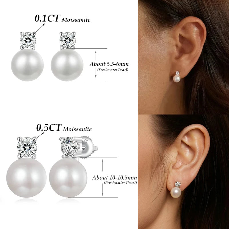 BAMOER Moissanite 925 Sterling Silver Freshwater Pearl Stud Earrings, Elegant VVS1 Clarity Lab Created Diamond Earrings MSE042