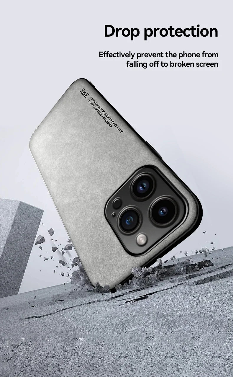 Luxury Leather Case For iPhone 16 16e 15 14 13 12 11 Pro Max Plus 12 13 Mini X XS SE 8 7 Cover With Metal Plate Support Car Hold