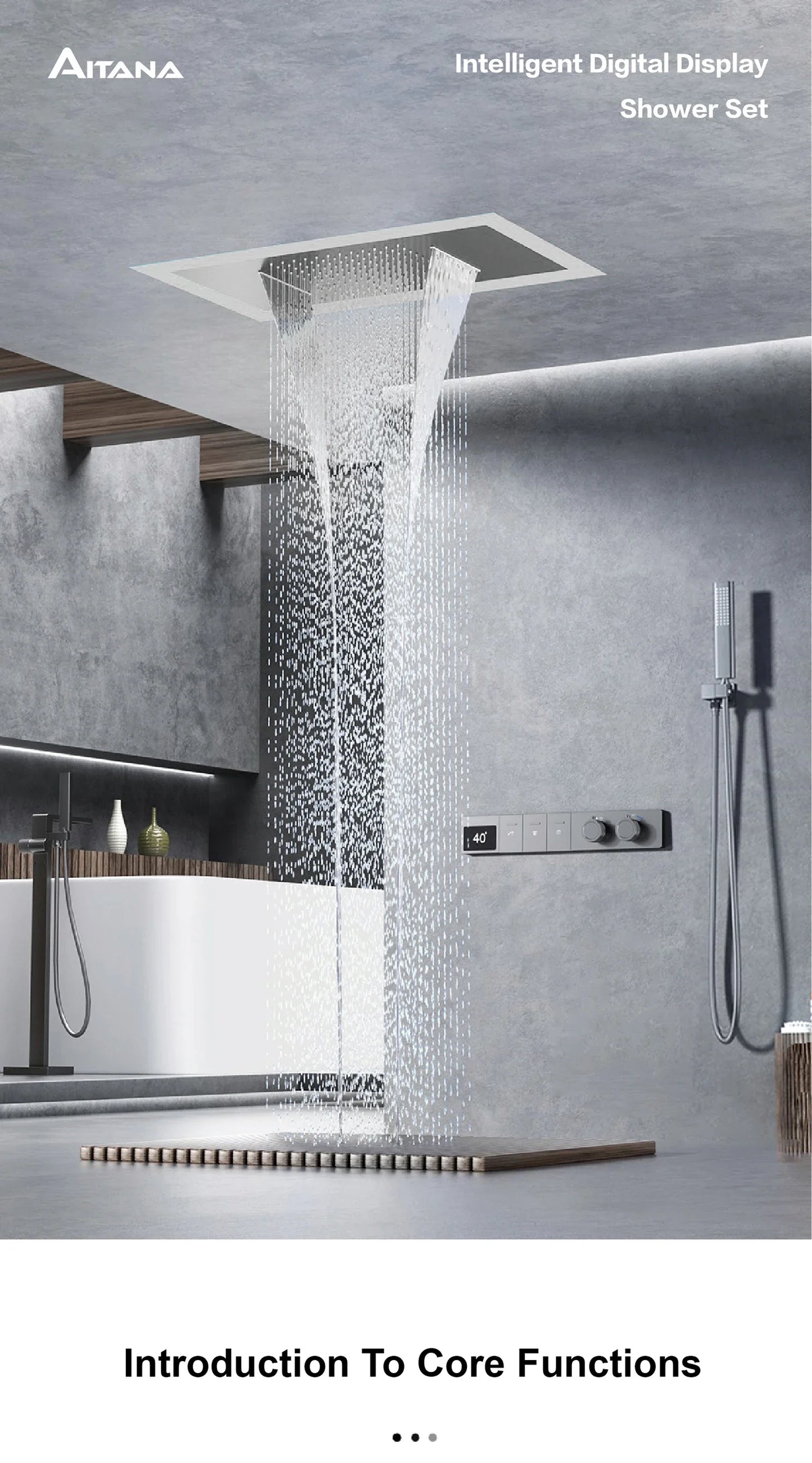 Luxury brass gun gray ceiling constant temperature shower system LED digital display hot and cold water embedded bathroom faucet