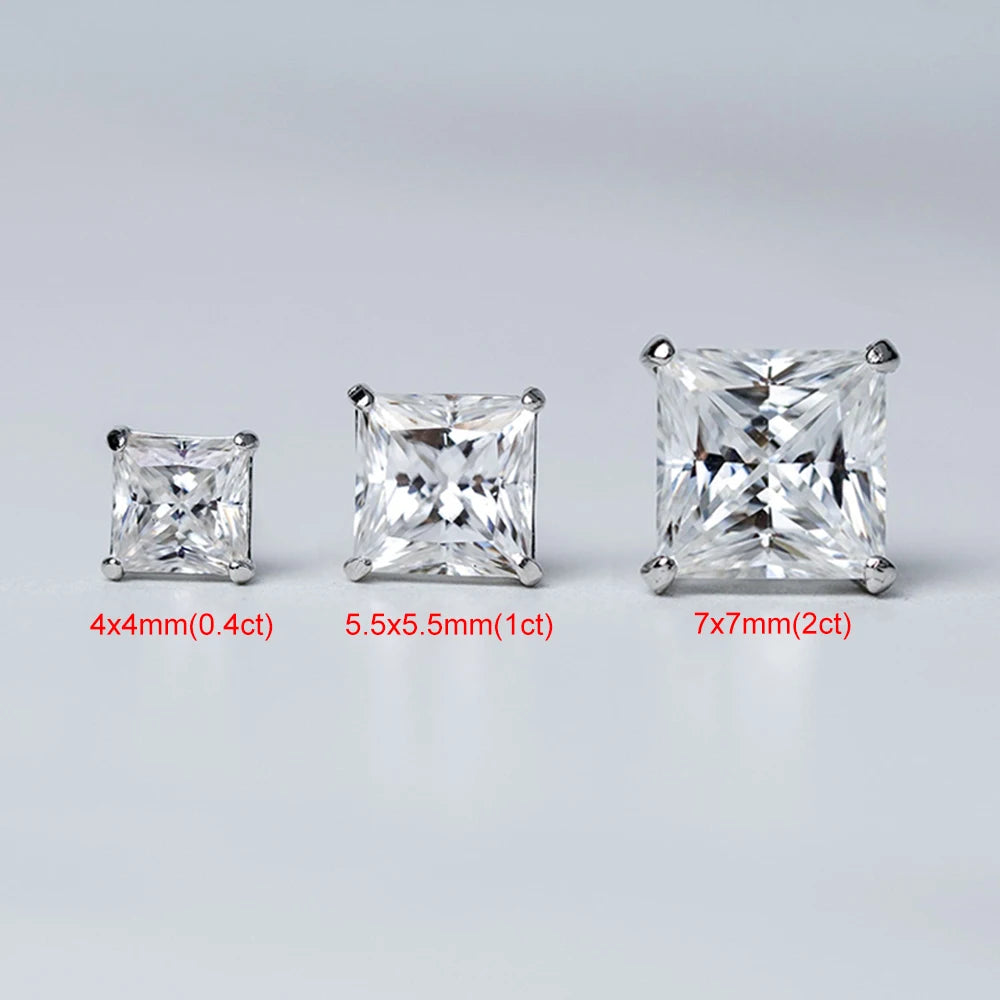 2Carat Princess Cut Moissanite Stud Earrings for Women Men 925 Sterling Silver Square Lab Diamond Classic Ear Studs Jewelry Gift