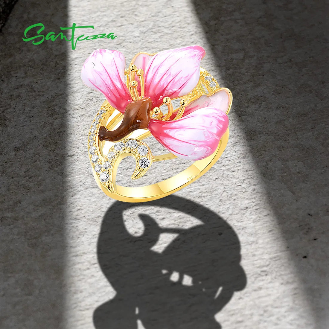 SANTUZZA Genuine 925 Sterling Silver Rings For Women White Cubic Zirconia Handmade Enamel Flower Ring Delicate Fine Jewelry