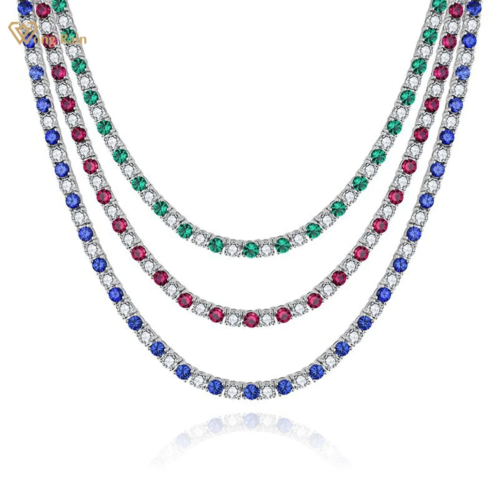 Wong Rain 925 Sterling Silver Round Cut 3 MM Sapphire Emerald Ruby High Carbon Diamond Gems Tennis Chain Necklace Fine Jewelry