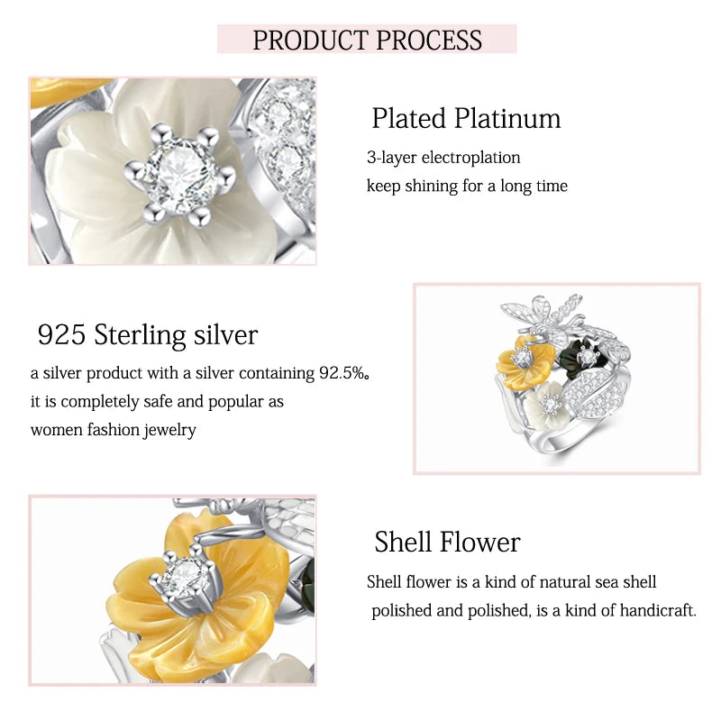 LAYA Ring For Women Black Yellow Shell Flower Shining White Zircon 100% 925 Sterling Silver Finger Fashion Party Fine Jewelry