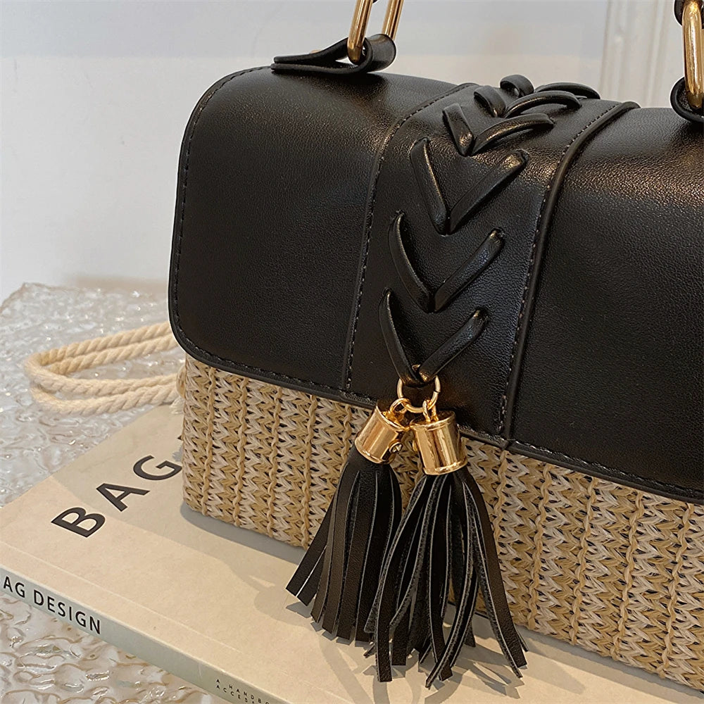 MOODS Straw Beach Bag For Women 2023 Summer New Luxury Designer Handbags Hit Color Tassels Shoulder Crossbody Box Bag Sac A Main