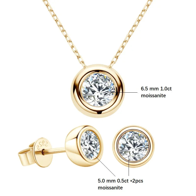 IOGOU 6.5mm 1ct Bezel Moissanite Pendant Necklace Earrings Sets 925 Silver Adjustable Chain for Women GRA Certified Jewelry Set
