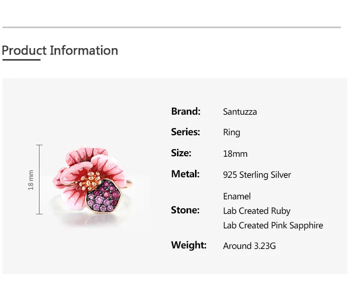SANTUZZA Real 925 Sterling Silver Ring For Women Sparkling Created Red Sapphire Enamel Fancy Wedding Party Gifts Fine Jewelry