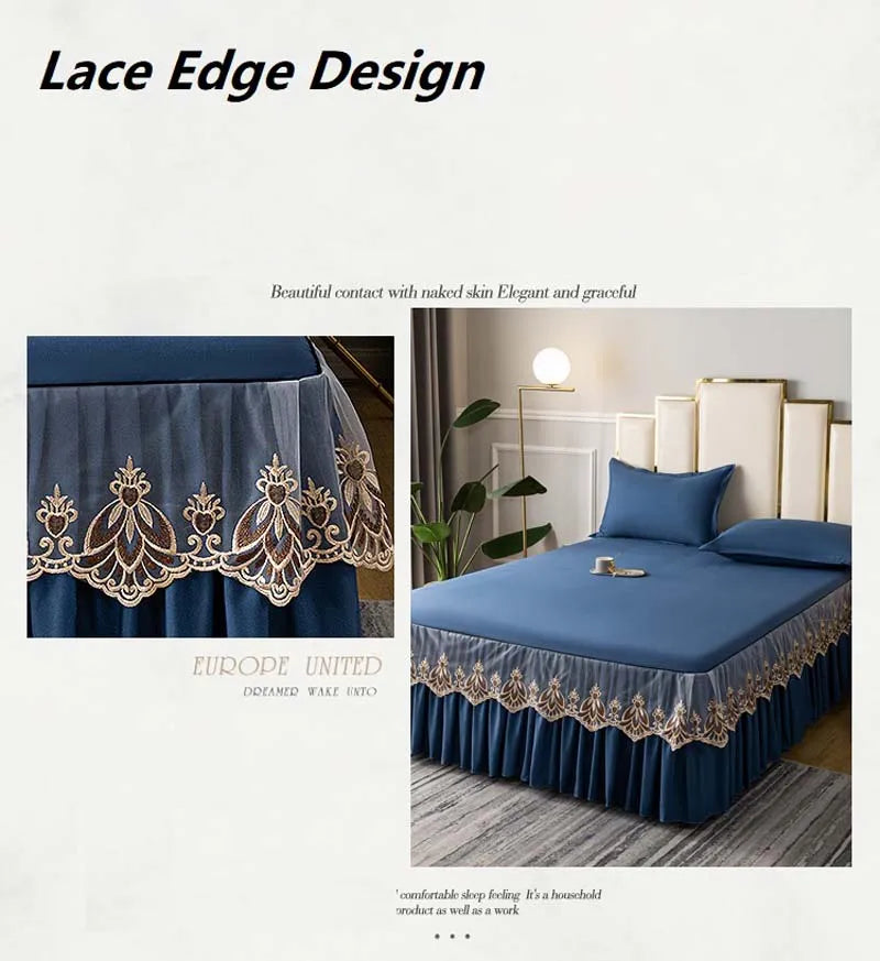 3pcs Set Raw Cotton Soft Bedspread Bed Romance Dust Protector Cover Embroidery Lace Edge Bed Skirt with 2pcs Pillowcase