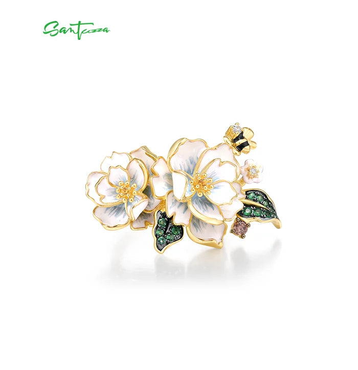 SANTUZZA Pure 925 Sterling Silver Rings For Women Green Spinel Yellow White CZ Handmade Enamel Flower Ring Delicate Fine Jewelry