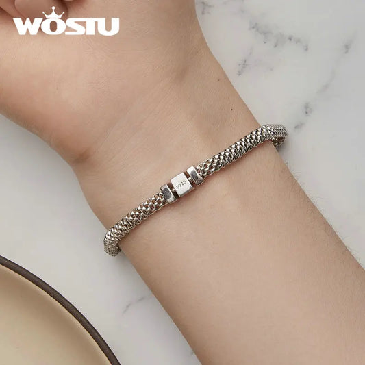 WOSTU 925 Sterling Silver European Simple Knitted Mesh Bracelets For Women Fashion Chain Luxury Wrist Jewelry Wedding Gift B124