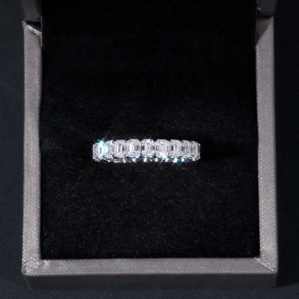 0.3ct Green Pink D Color Emerald Cut Moissanite Eternity Ring 925 Sterling Silver Plated Bling Diamond Wedding Band Pass Tester