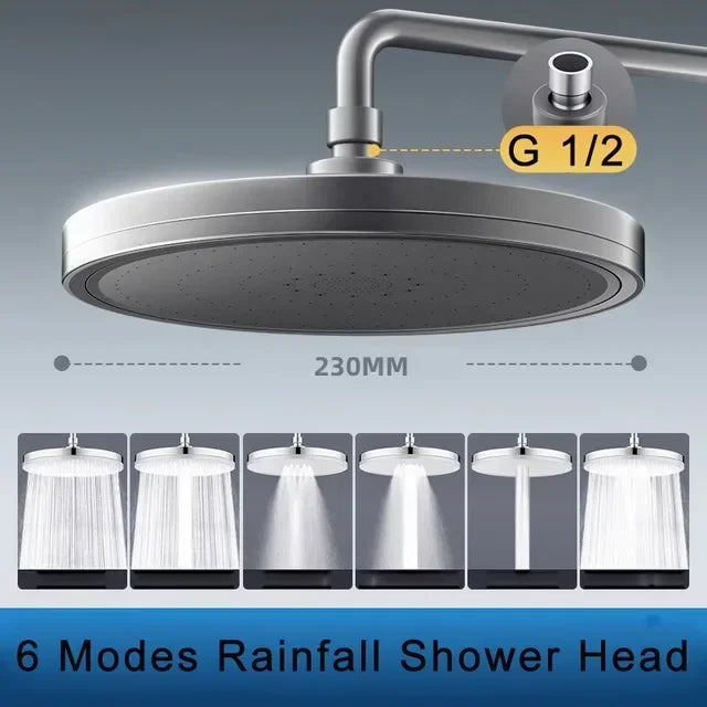 New 6 Modes Big Panel Large Flow Supercharge Rainfall Shower Head High Pressure Top Rain Shower Faucet Bathroom Accessories