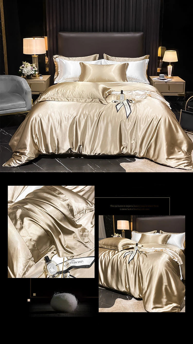 Real 100% Mulberry Silk Bedding Set with Duvet Cover Fitted/Flat Bed Sheet Pillowcase Solid Color 4pcs King Queen Twin Bed Sets