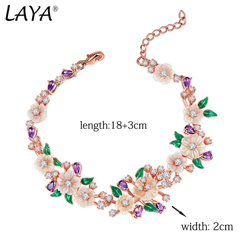 LAYA 925 Sterling Silver Fashion Natural Shell Flower Green Leaf Enamel High Quality Zircon Bracelet For Wedding Jewelry
