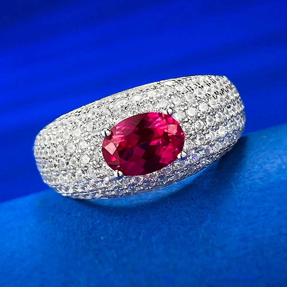 Wong Rain Vintage 100% 925 Sterling Silver Oval 5*7MM Ruby High Carbon Diamond Gemstone Jewelry Ring for Women Anniversary Gifts