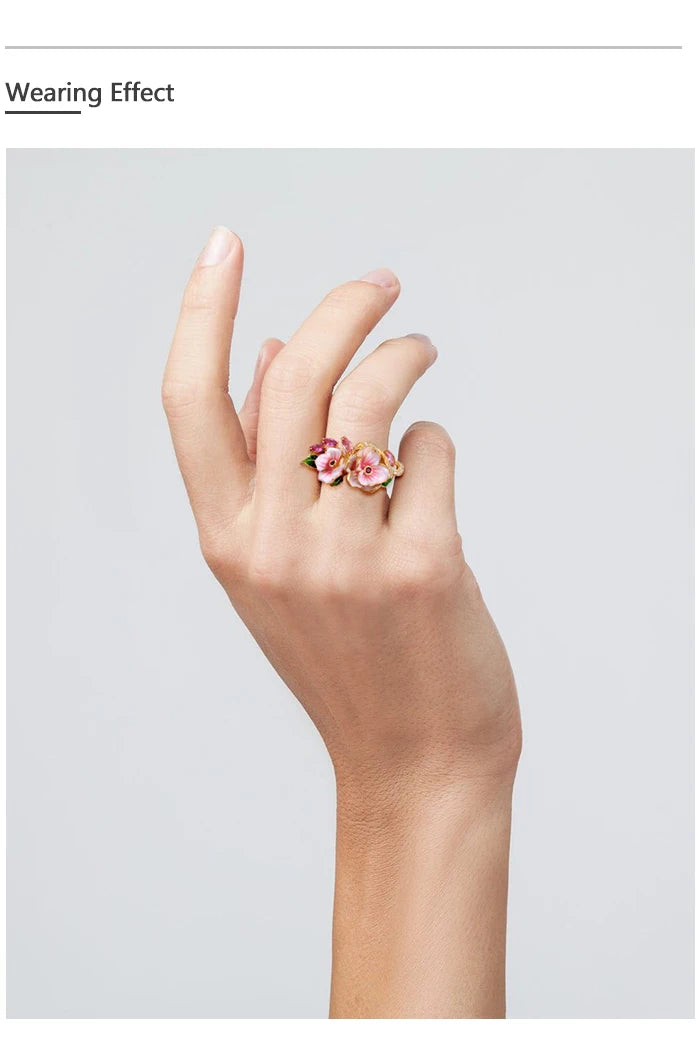 SANTUZZA Genuine 925 Sterling Silver Rings For Women Red Pink Stones White CZ Handmade Enamel Flower Ring Delicate Fine Jewelry