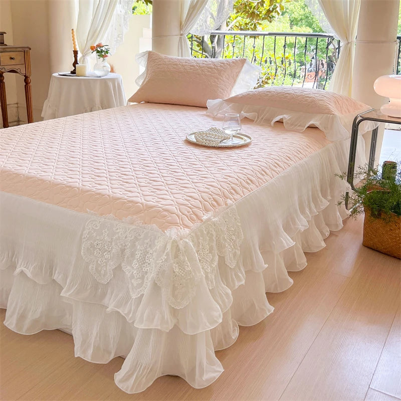 Summer Lace Ruffles Quilted Cooling Bed Skirt, Cool Feeling Fibre Mattress Cover, Bedspread, Bed Sheet, With Pillowcases, 3Pcs