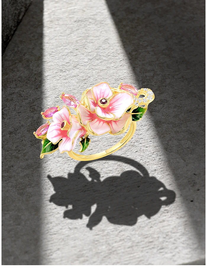 SANTUZZA Genuine 925 Sterling Silver Rings For Women Red Pink Stones White CZ Handmade Enamel Flower Ring Delicate Fine Jewelry