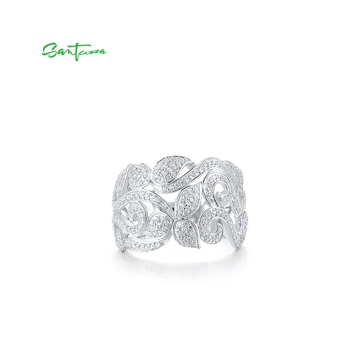 SANTUZZA Pure 925 Sterling Silver Flower Rings For Women Sparkling White Cubic Zirconia Attractive Party Elegant Fine Jewelry
