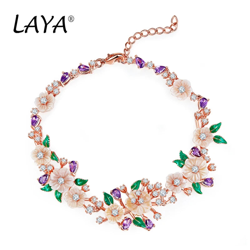 LAYA 925 Sterling Silver Fashion Natural Shell Flower Green Leaf Enamel High Quality Zircon Bracelet For Wedding Jewelry