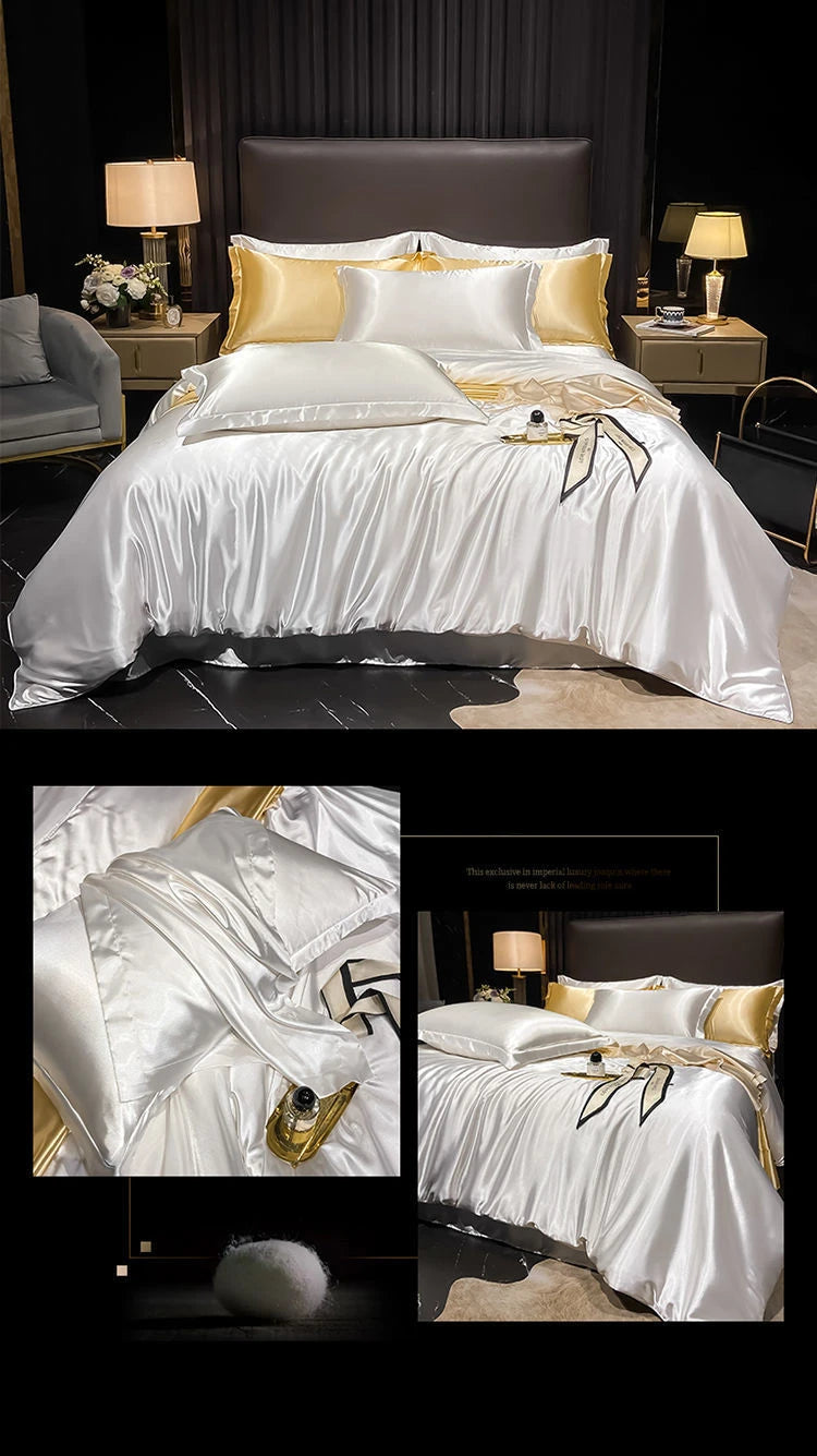 Real 100% Mulberry Silk Bedding Set with Duvet Cover Fitted/Flat Bed Sheet Pillowcase Solid Color 4pcs King Queen Twin Bed Sets