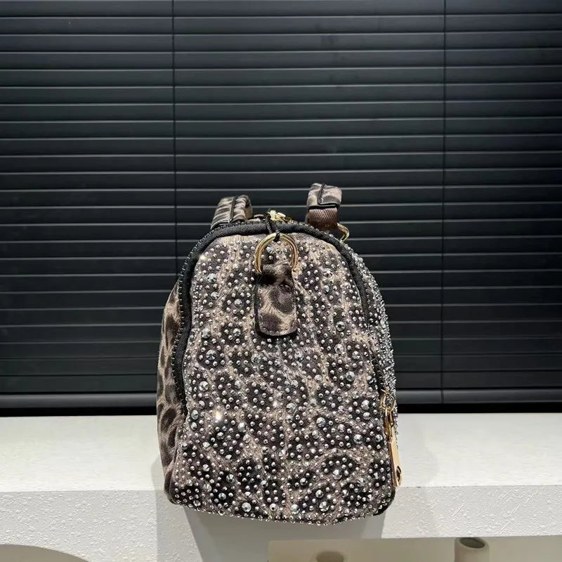 2025 Luxury Designer Women's Full Inlaid Diamond Handbag Retro Large Capacity Leopard Travel Shoulder Crossbody Bag Trendy Totes