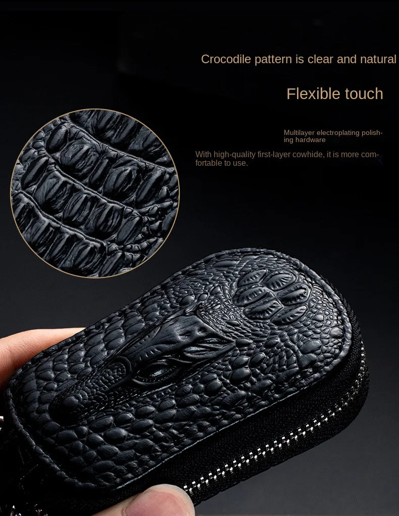 Cowhide Car Key Wallet Case Genuine Leather Crocodile Pattern Zipper Cover Mini Waist Trailer Key Bag Unisex with Metal Buckle