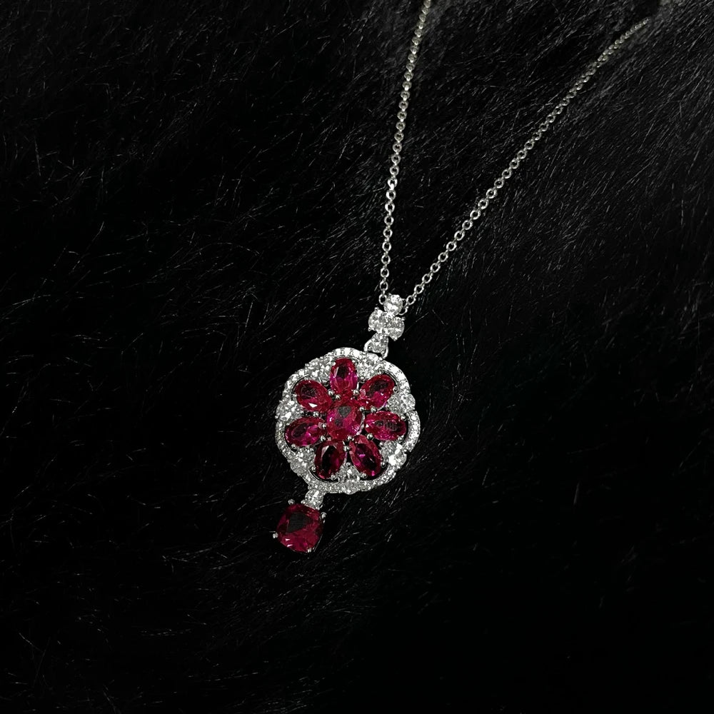 Wong Rain Solid 925 Sterling Silver 6*6MM Ruby White Sapphire Gemstone Flowers Pendant Necklace for Women Fine Jewelry Wholesale