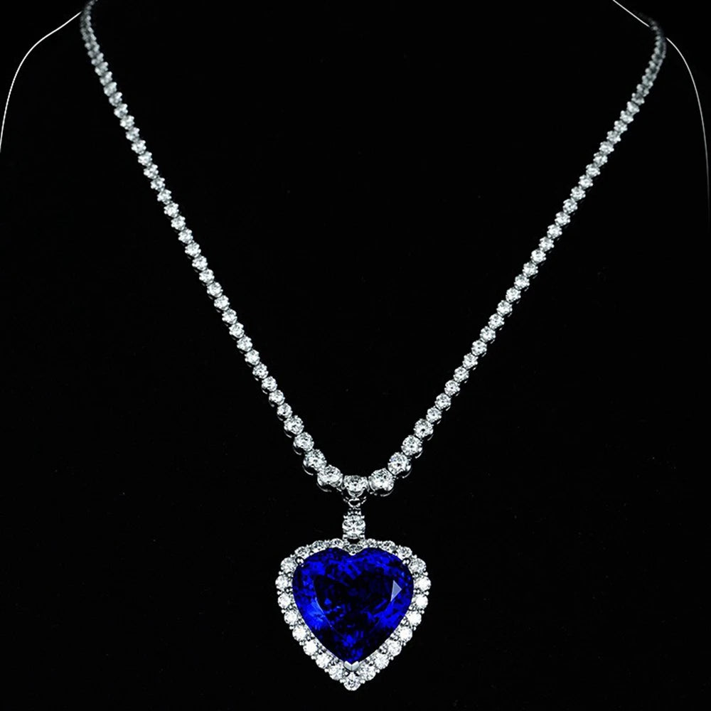 Wong Rain 925 Sterling Silver Heart Cut 20MM Sapphire High Carbon Diamonds Gems Pendant Necklaces Fine Jewelry Anniversary Gifts