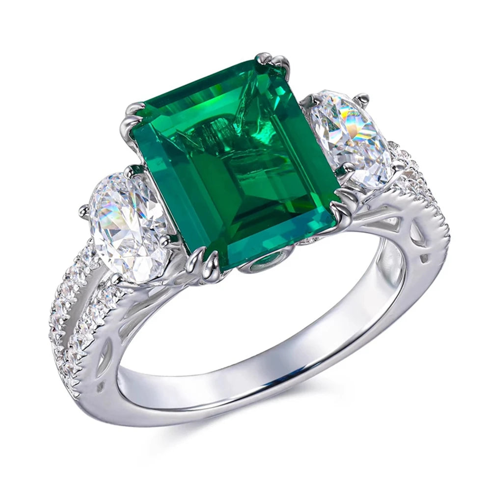 Wong Rain 100% 925 Sterling Silver Emerald Cut 8*10 MM Emerald High Carbon Diamond Ring for Women Fine Jewelry Anniversary Gift