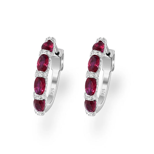 Wong Rain Luxury 925 Sterling Silver Oval Emerald Ruby Pink Sapphire Gemstone Hoop Earrings Wedding Engagement Fine Jewelry Gift