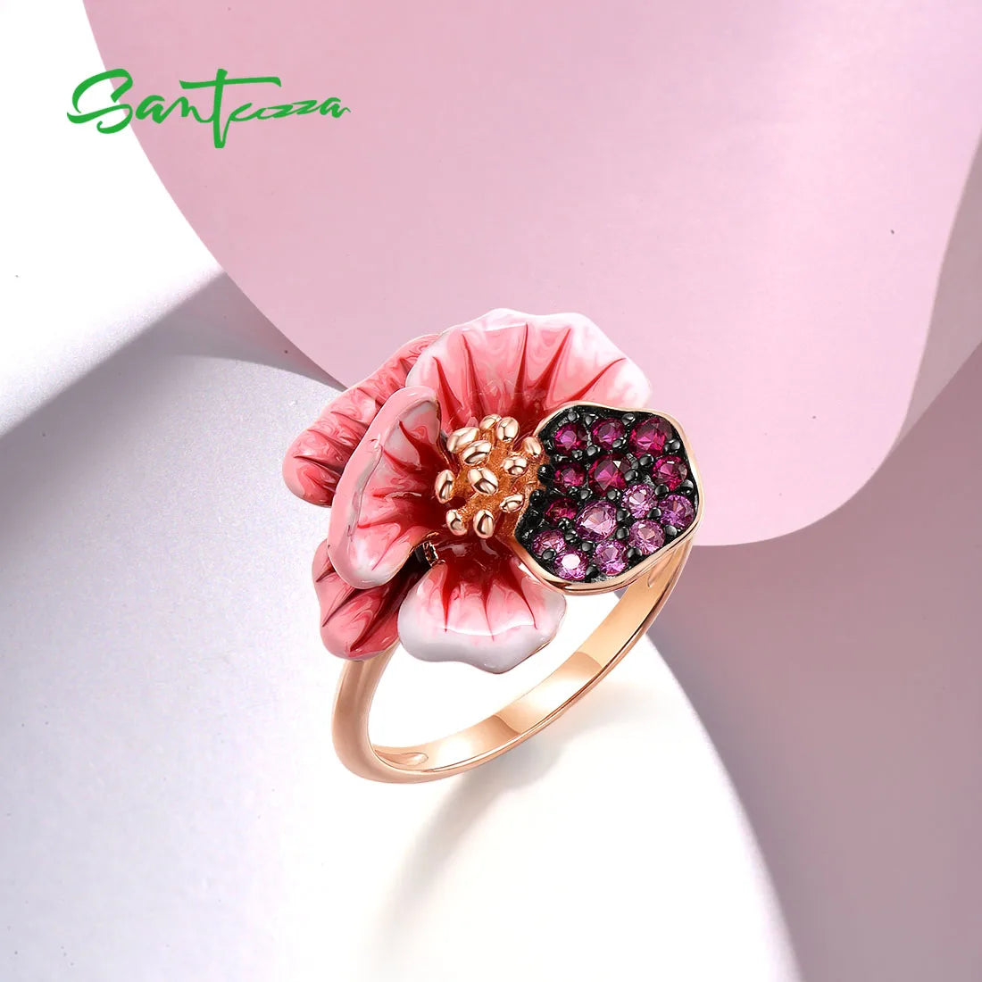 SANTUZZA Real 925 Sterling Silver Ring For Women Sparkling Created Red Sapphire Enamel Fancy Wedding Party Gifts Fine Jewelry